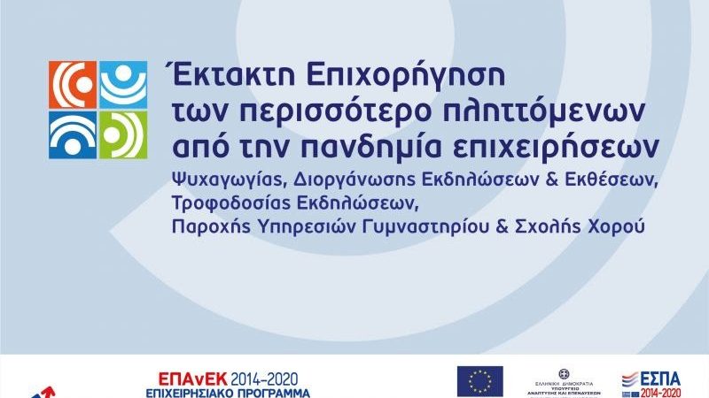 Σε 656 ανέρχονται τα έργα για έκτακτη επιχορήγηση, επιχειρήσεων ψυχαγωγίας, διοργάνωσης εκδηλώσεων και εκθέσεων, γυμναστήρια και σχολές χορού
